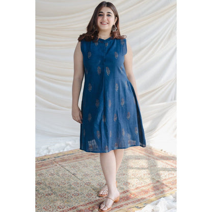 The Indian Ethnic Co. Blue Dabu Slub Cotton A Line Dress