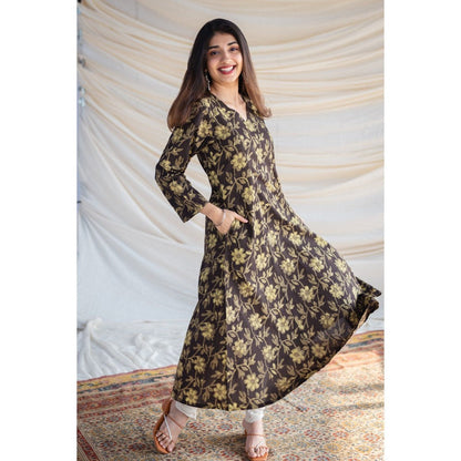 The Indian Ethnic Co. Olive Jahota Kali Cotton Kurta