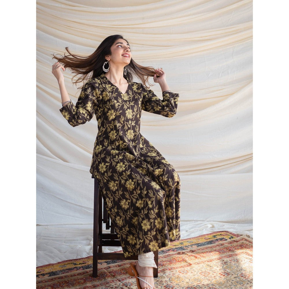 The Indian Ethnic Co. Olive Jahota Kali Cotton Kurta