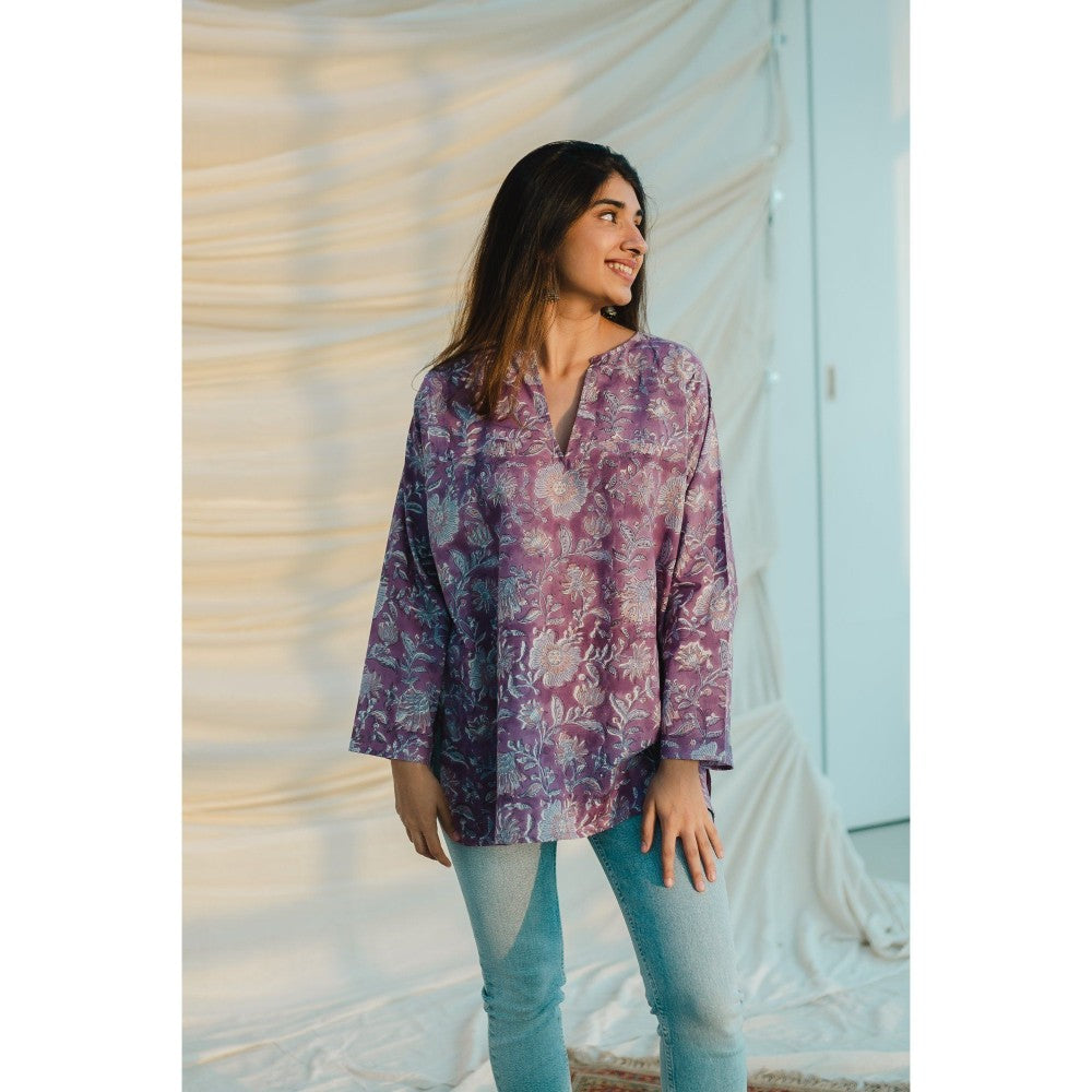 The Indian Ethnic Co. Sanganeri Purple Cotton Top
