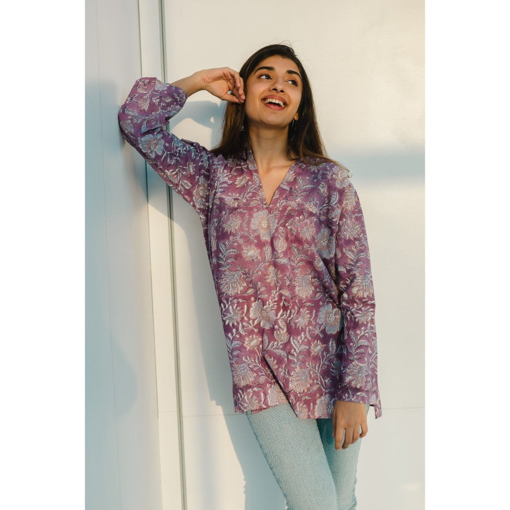 The Indian Ethnic Co. Sanganeri Purple Cotton Top
