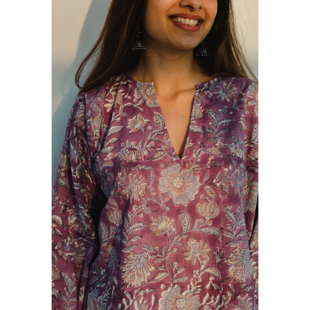 The Indian Ethnic Co. Sanganeri Purple Cotton Top