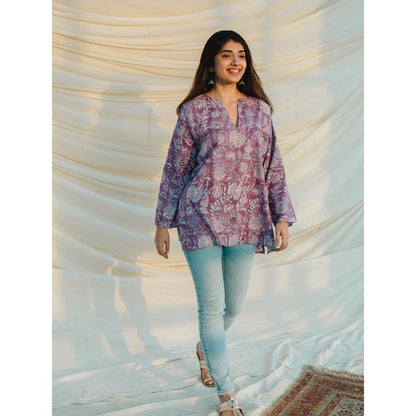 The Indian Ethnic Co. Sanganeri Purple Cotton Top