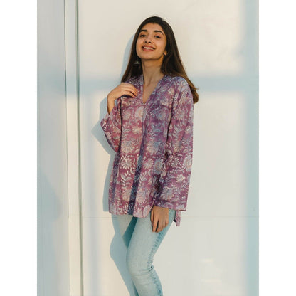 The Indian Ethnic Co. Sanganeri Purple Cotton Top