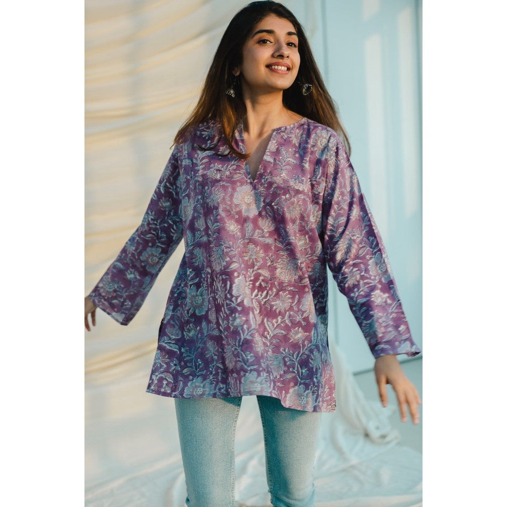 The Indian Ethnic Co. Sanganeri Purple Cotton Top