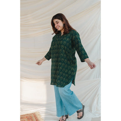 The Indian Ethnic Co. Green Bargad Slub Cotton Short Kurta
