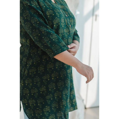 The Indian Ethnic Co. Green Bargad Slub Cotton Short Kurta