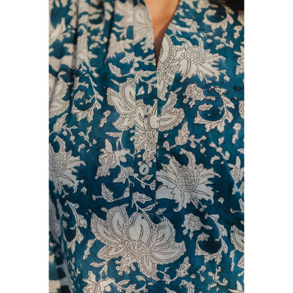 The Indian Ethnic Co. Blue Sanganeri Short Cotton Kurta