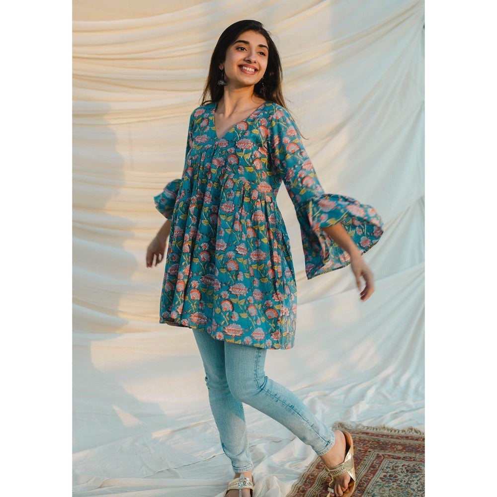 The Indian Ethnic Co. Blue Sanganeri Cotton Short Top