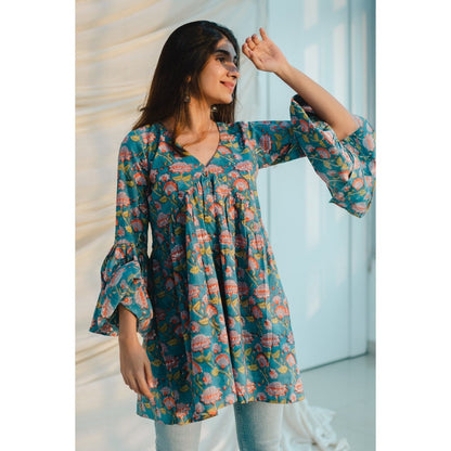 The Indian Ethnic Co. Blue Sanganeri Cotton Short Top