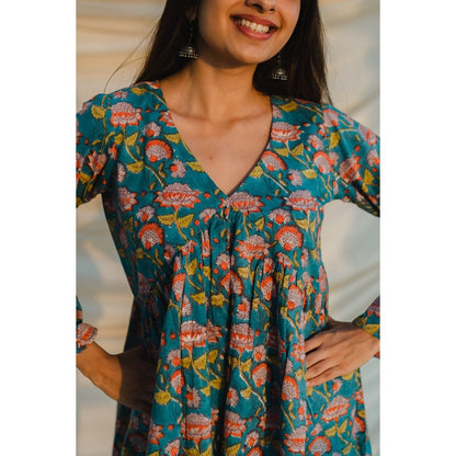 The Indian Ethnic Co. Blue Sanganeri Cotton Short Top