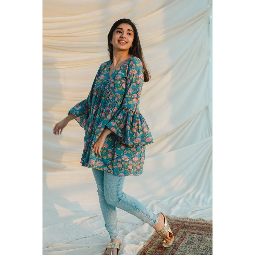 The Indian Ethnic Co. Blue Sanganeri Cotton Short Top