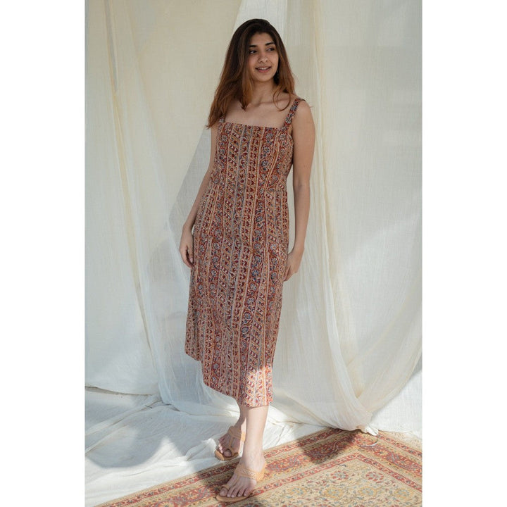 The Indian Ethnic Co. Brown Kalamkari Strap Cotton Dress