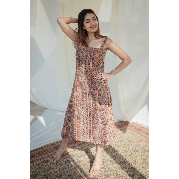 The Indian Ethnic Co. Brown Kalamkari Strap Cotton Dress