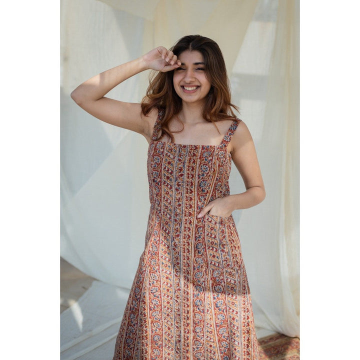 The Indian Ethnic Co. Brown Kalamkari Strap Cotton Dress