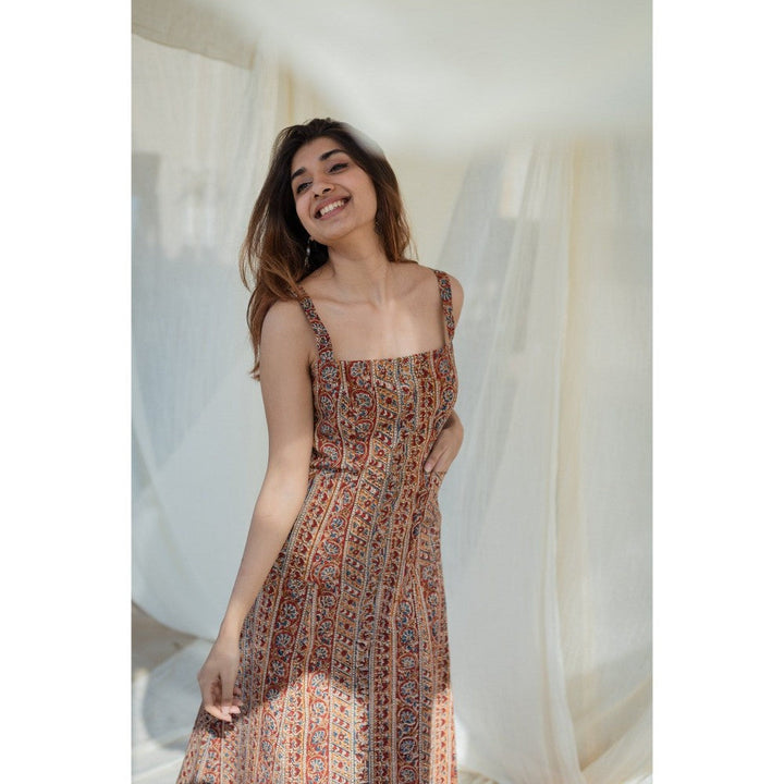 The Indian Ethnic Co. Brown Kalamkari Strap Cotton Dress