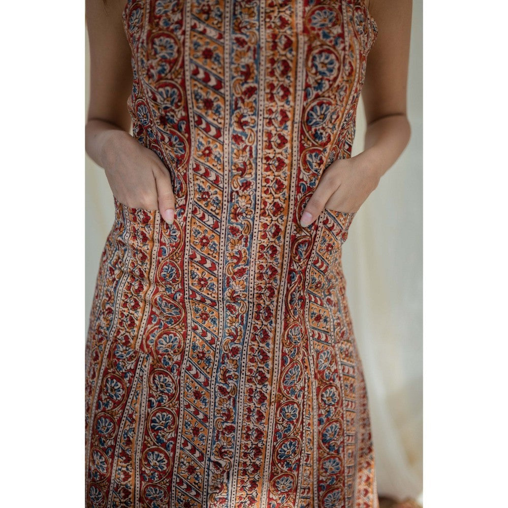 The Indian Ethnic Co. Brown Kalamkari Strap Cotton Dress
