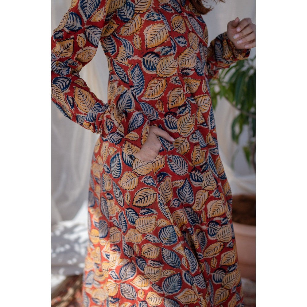 The Indian Ethnic Co. Red Leafy Kalamkari Kali Cotton Kurta