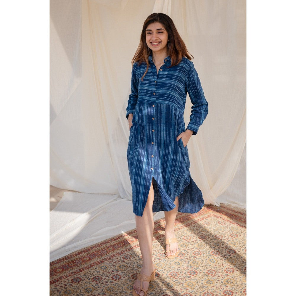 The Indian Ethnic Co. Indigo Striped Dabu Slub Cotton Dress
