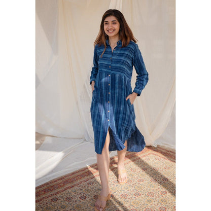 The Indian Ethnic Co. Indigo Striped Dabu Slub Cotton Dress