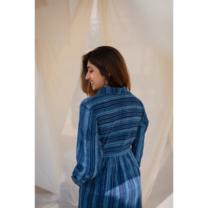 The Indian Ethnic Co. Indigo Striped Dabu Slub Cotton Dress