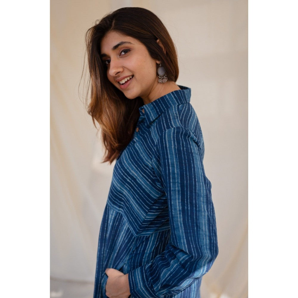 The Indian Ethnic Co. Indigo Striped Dabu Slub Cotton Dress