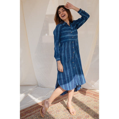 The Indian Ethnic Co. Indigo Striped Dabu Slub Cotton Dress