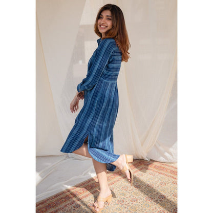 The Indian Ethnic Co. Indigo Striped Dabu Slub Cotton Dress