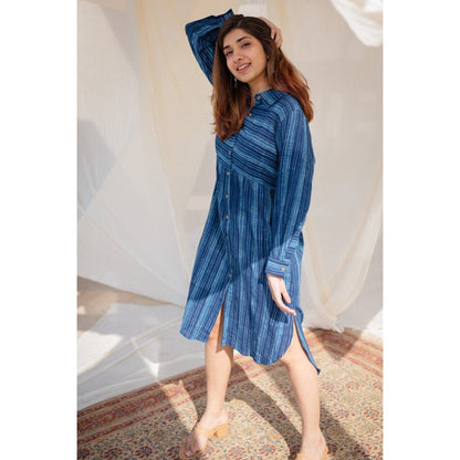 The Indian Ethnic Co. Indigo Striped Dabu Slub Cotton Dress