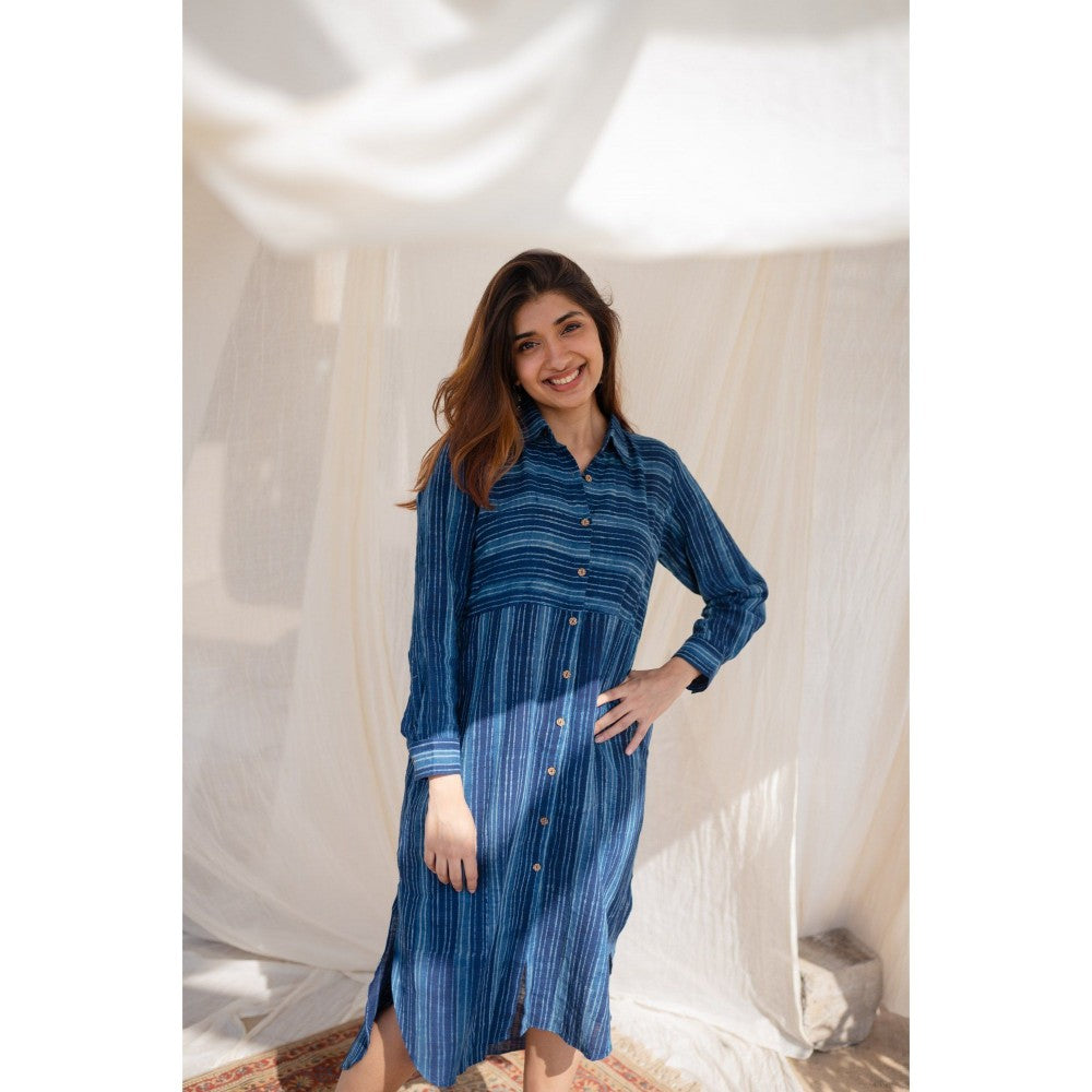 The Indian Ethnic Co. Indigo Striped Dabu Slub Cotton Dress