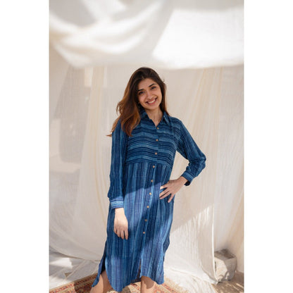The Indian Ethnic Co. Indigo Striped Dabu Slub Cotton Dress