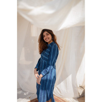 The Indian Ethnic Co. Indigo Striped Dabu Slub Cotton Dress