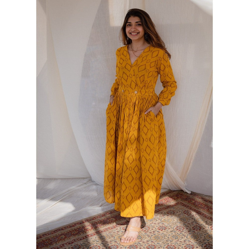 The Indian Ethnic Co. Yellow Wrap Around Slub Cotton Dress