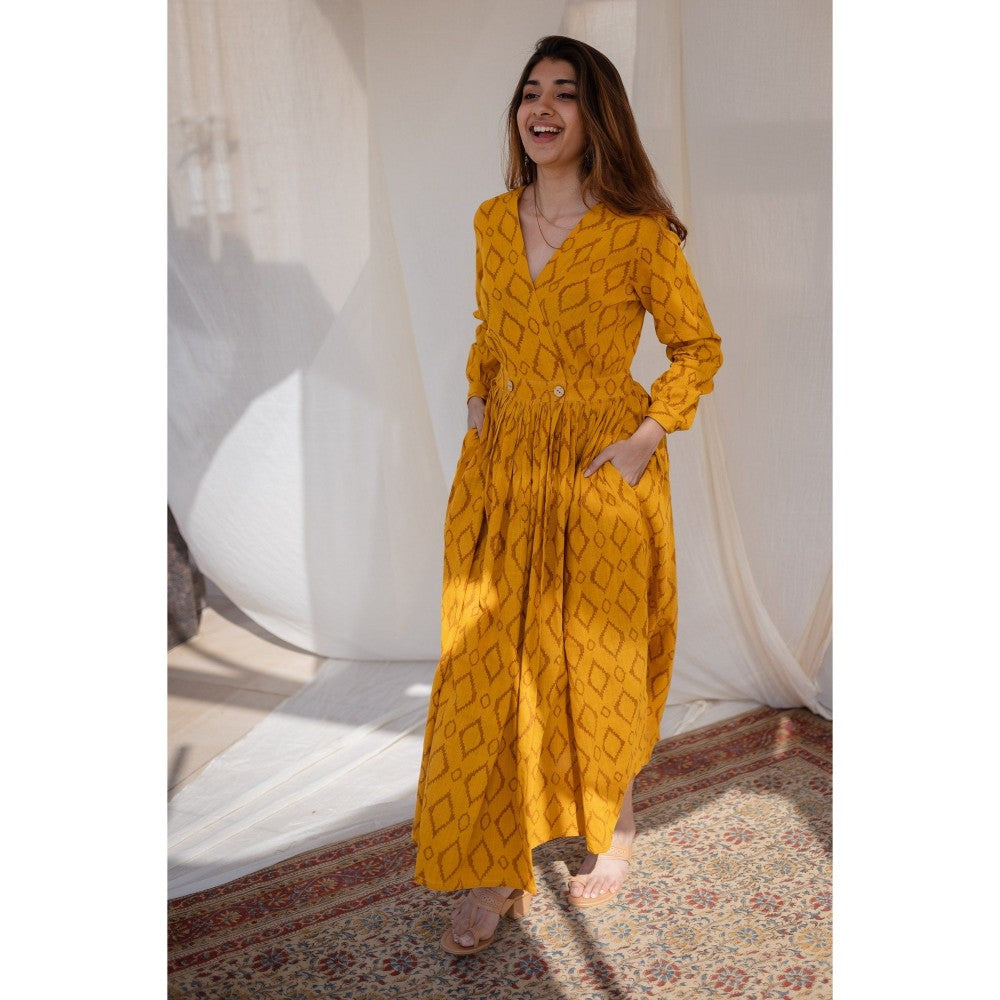 The Indian Ethnic Co. Yellow Wrap Around Slub Cotton Dress