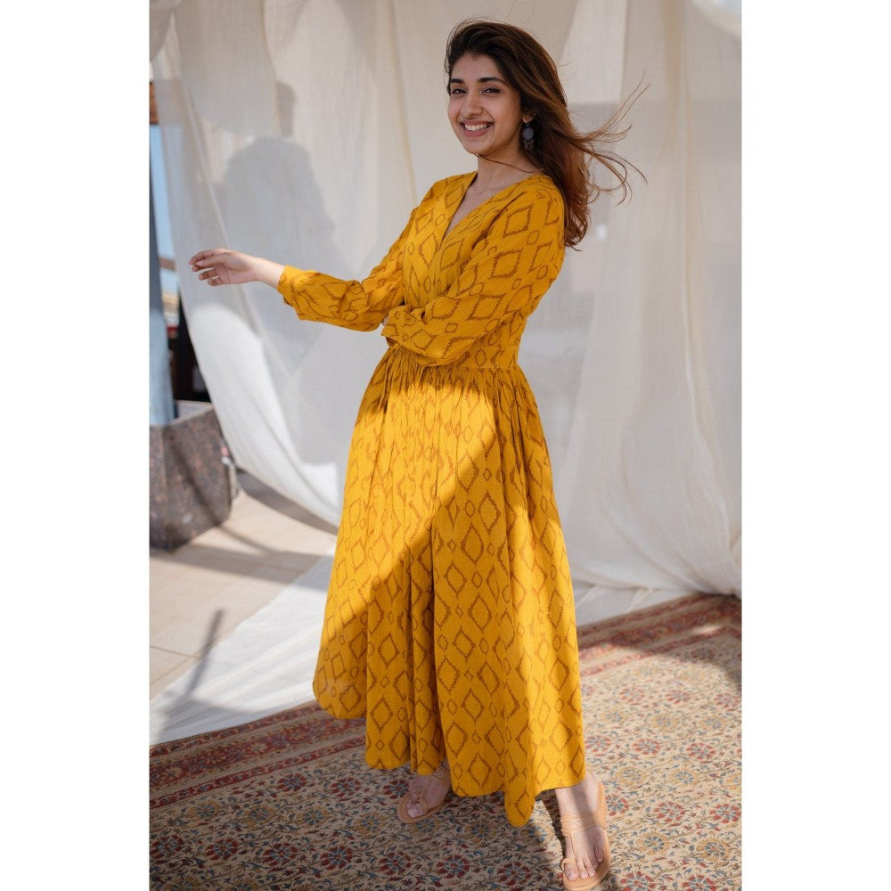 The Indian Ethnic Co. Yellow Wrap Around Slub Cotton Dress