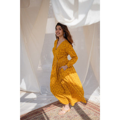 The Indian Ethnic Co. Yellow Wrap Around Slub Cotton Dress