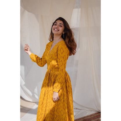 The Indian Ethnic Co. Yellow Wrap Around Slub Cotton Dress