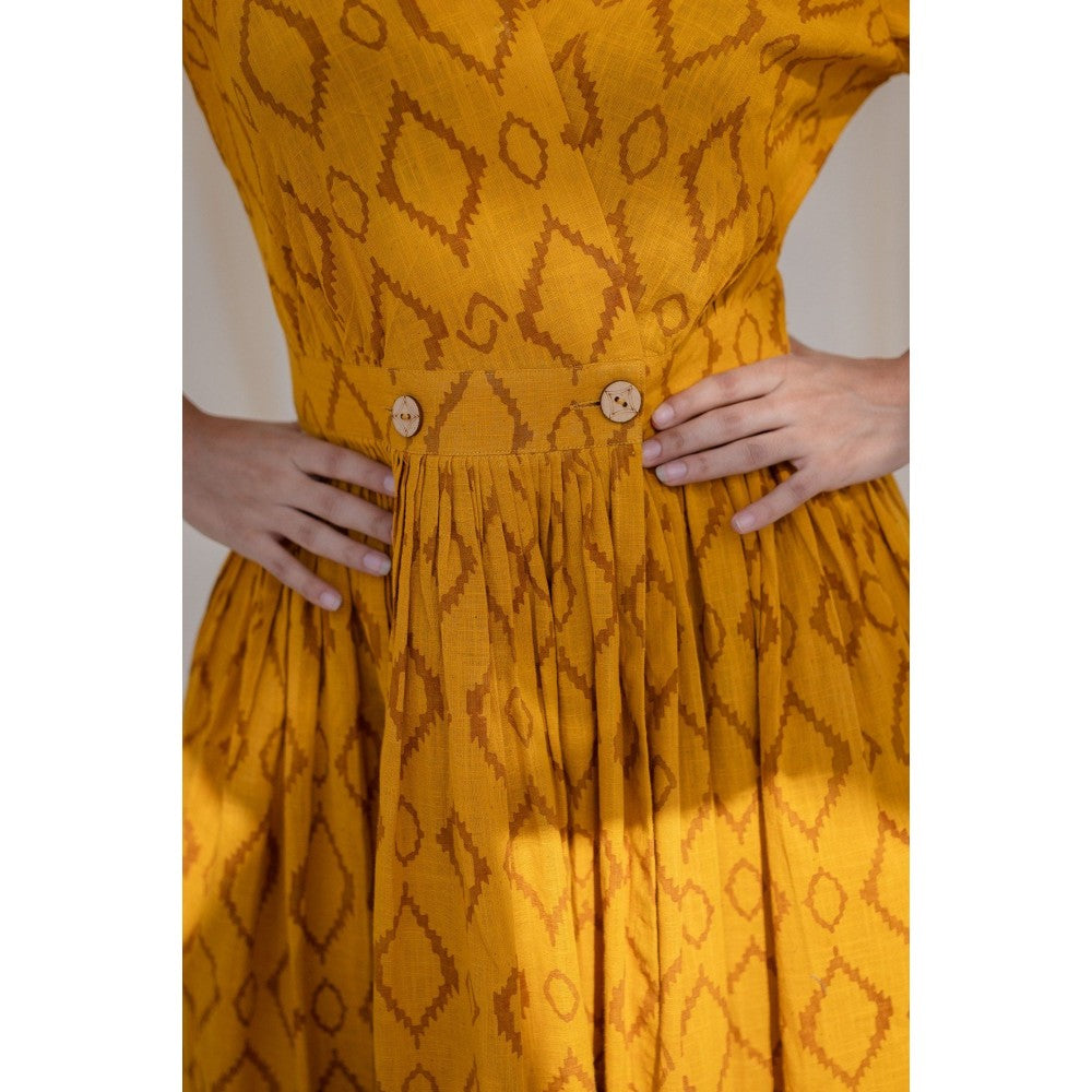 The Indian Ethnic Co. Yellow Wrap Around Slub Cotton Dress