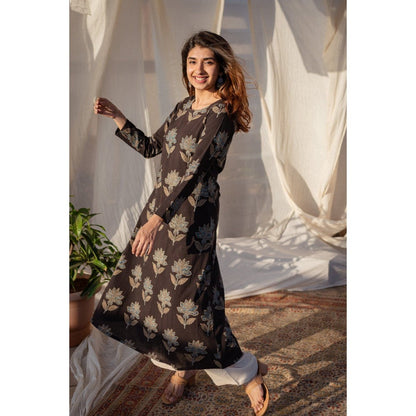 The Indian Ethnic Co. Ajrakh Black Cotton Straight Kurta