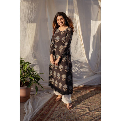 The Indian Ethnic Co. Ajrakh Black Cotton Straight Kurta