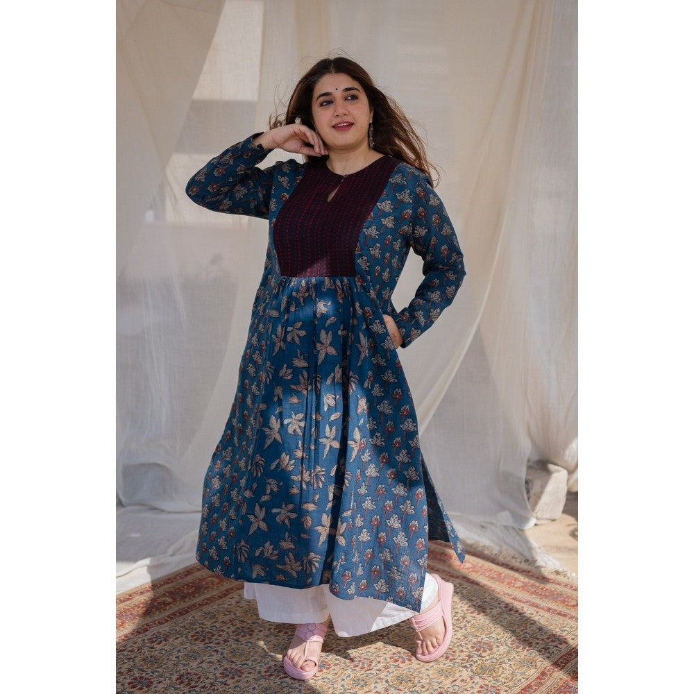 The Indian Ethnic Co. Blue Slub Patchwork Cotton Kurta