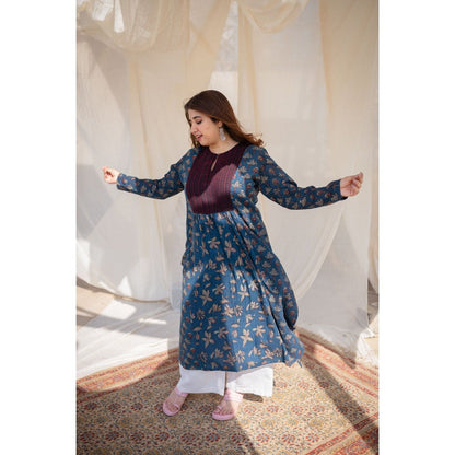 The Indian Ethnic Co. Blue Slub Patchwork Cotton Kurta