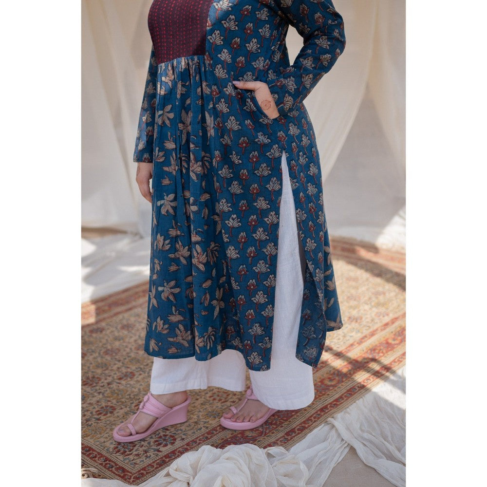 The Indian Ethnic Co. Blue Slub Patchwork Cotton Kurta