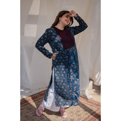 The Indian Ethnic Co. Blue Slub Patchwork Cotton Kurta