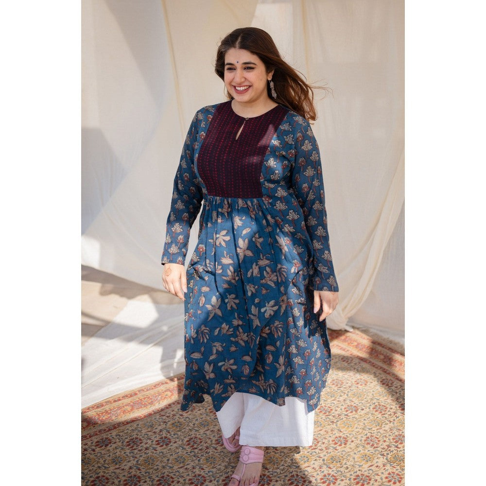 The Indian Ethnic Co. Blue Slub Patchwork Cotton Kurta