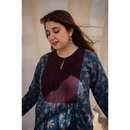 The Indian Ethnic Co. Blue Slub Patchwork Cotton Kurta