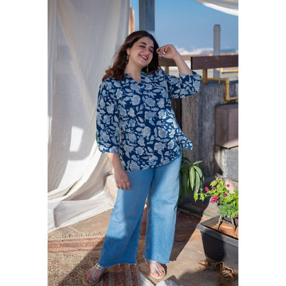 The Indian Ethnic Co. Floral Indigo Dabu Cotton Short Top