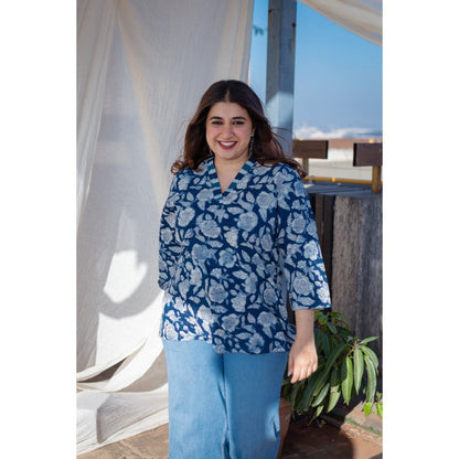 The Indian Ethnic Co. Floral Indigo Dabu Cotton Short Top