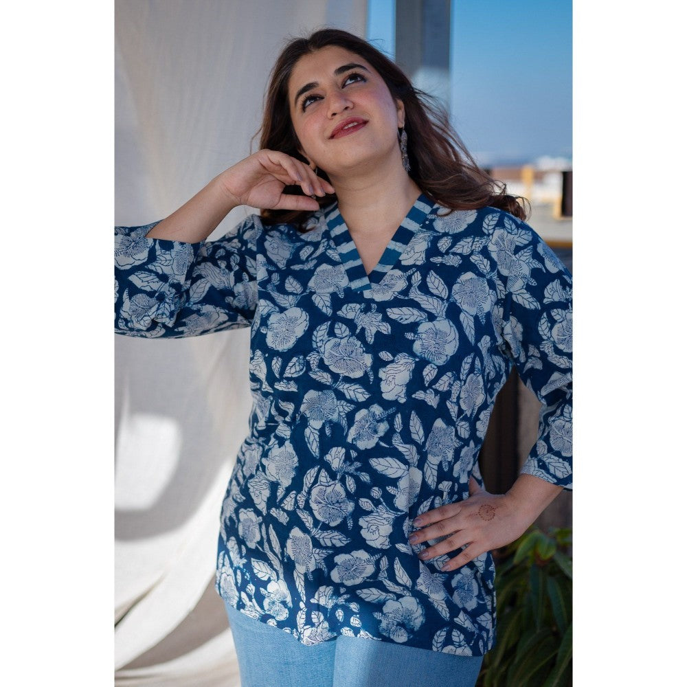 The Indian Ethnic Co. Floral Indigo Dabu Cotton Short Top
