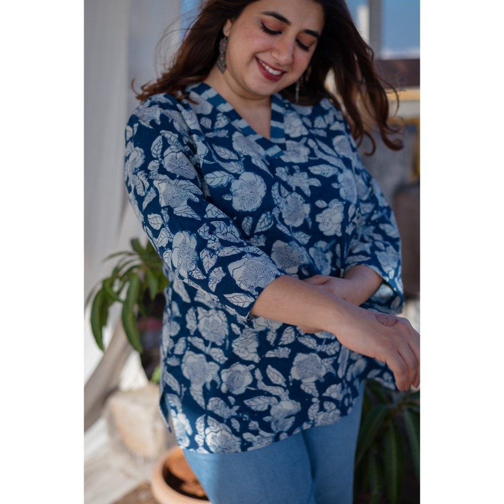 The Indian Ethnic Co. Floral Indigo Dabu Cotton Short Top